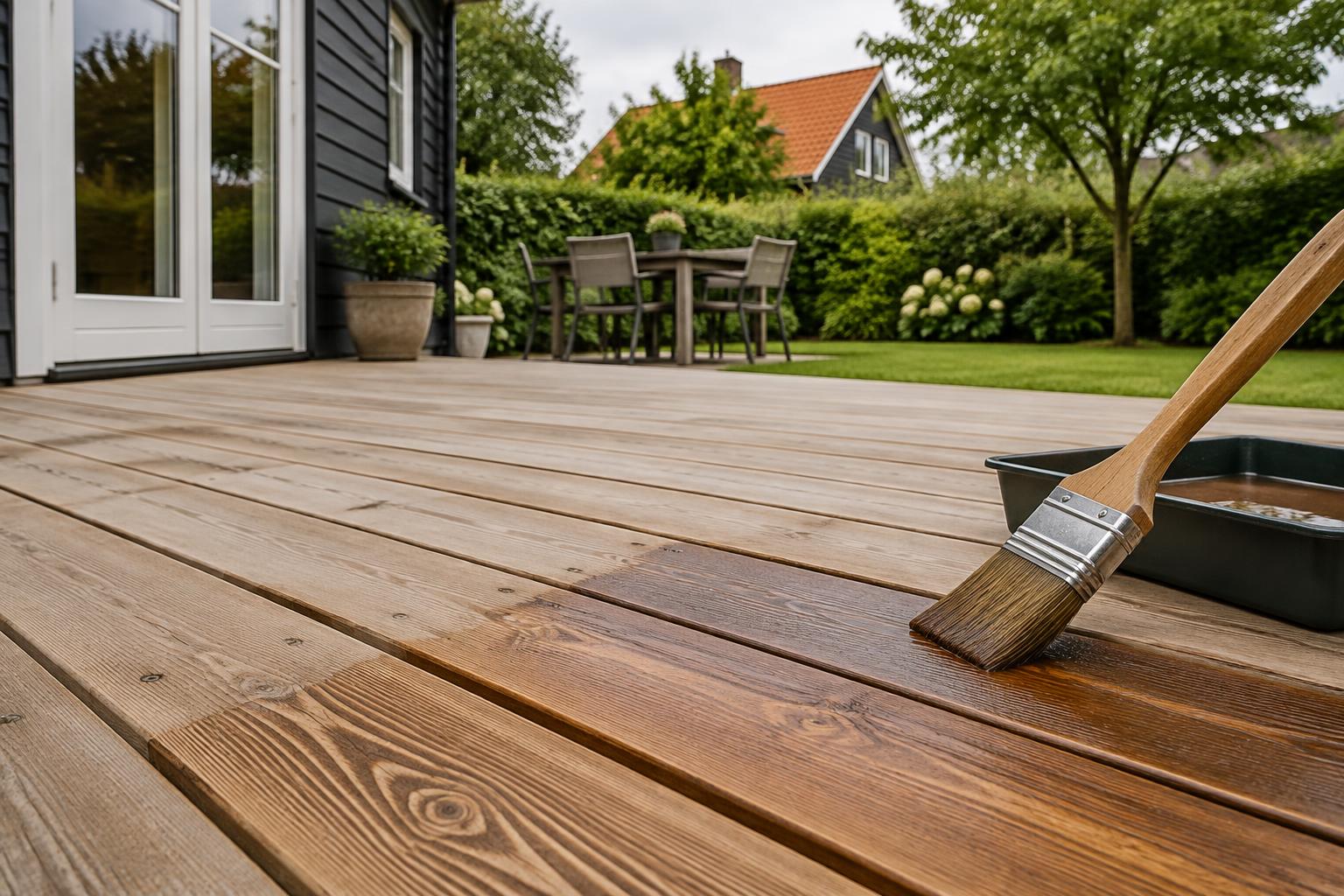 Illustration af en træterrasse med pensel og en bakke med terrasseolie