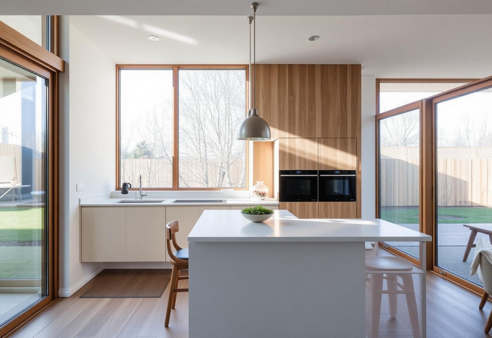 Moderne køkken-tilbygning bygget af tømrer i Hørsholm — lys tilbygning med store vinduespartier og træbeklædning