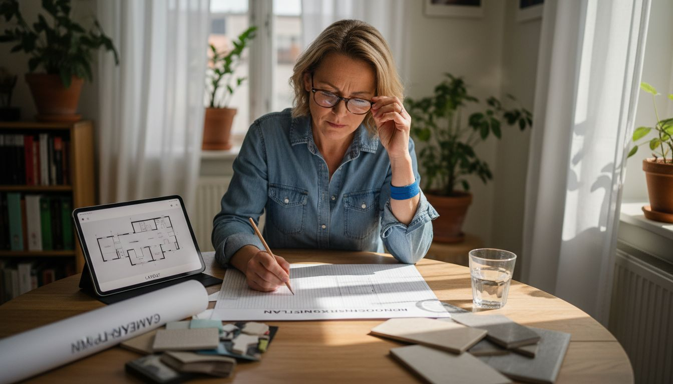 Kvinde sidder ved et rodet bord og lægger planer for sit kommende renoveringsprojekt.