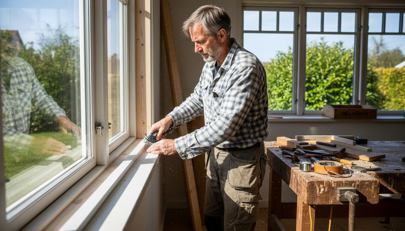 En tømrer er i gang med at sætte lister op i en klassisk dansk stue.