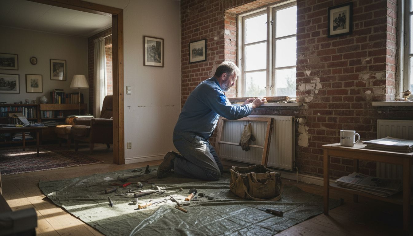 En boligejer er i gang med nøje at udskifte stuevinduet.