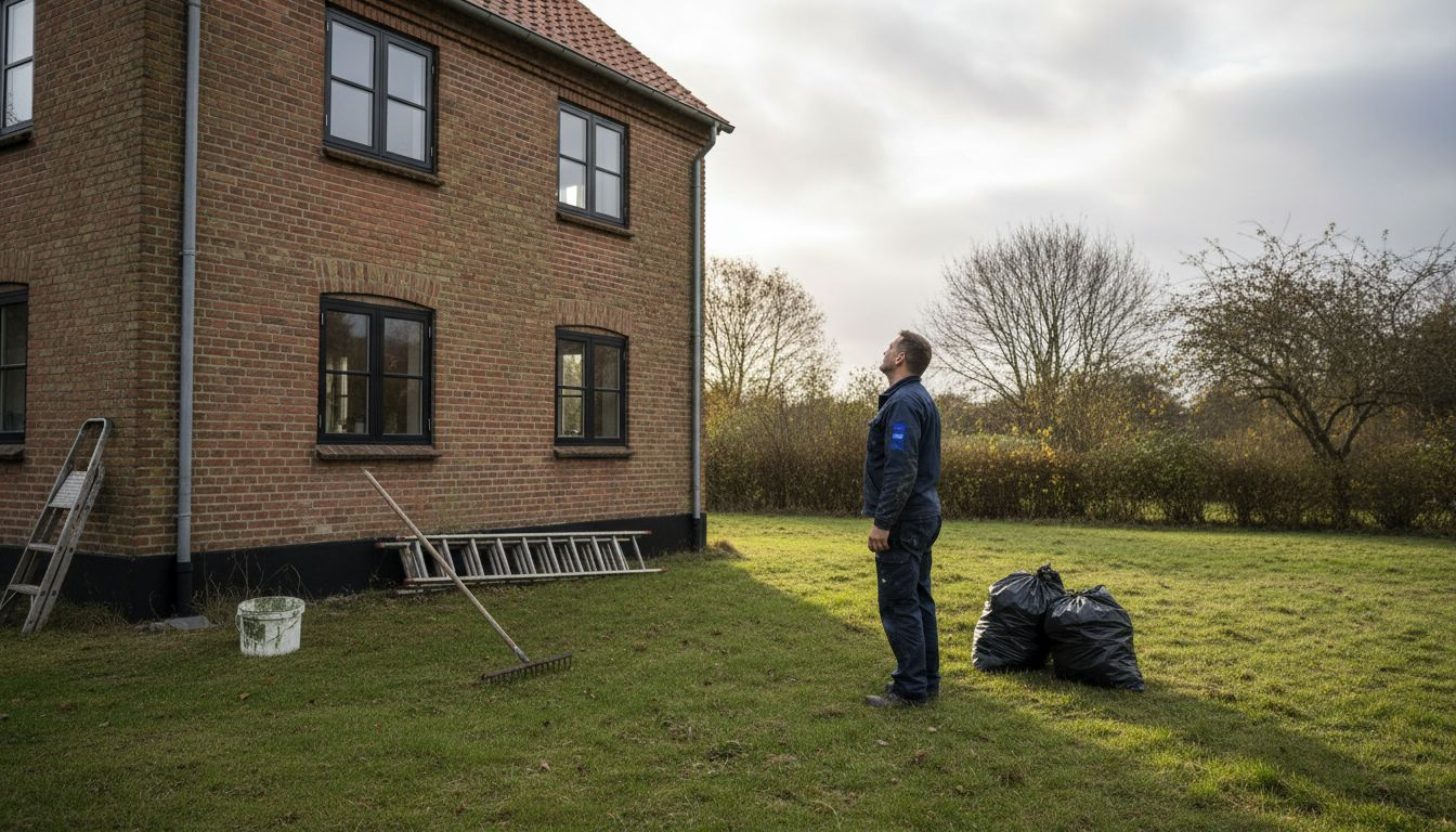 En håndværker gennemgår huset for at vurdere, hvad der skal laves i forbindelse med en renovering.