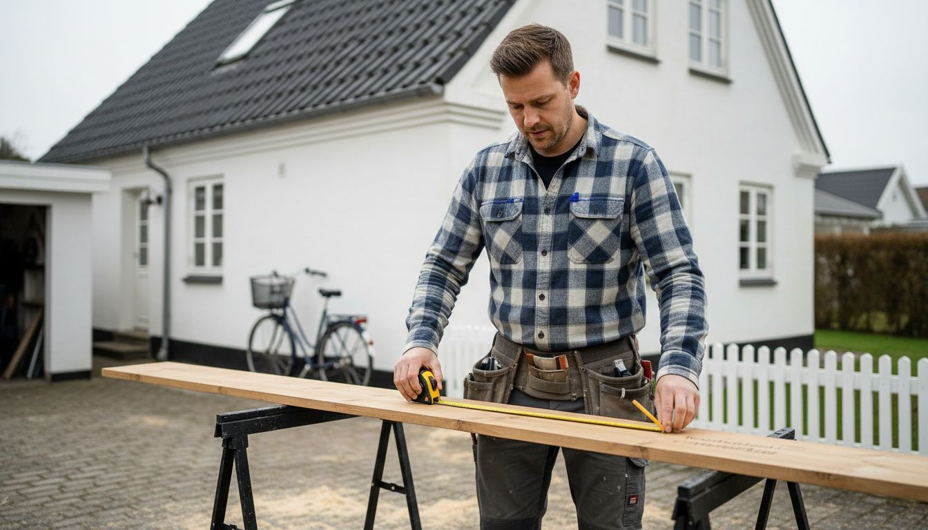 En tømrer står foran et hus i Nordsjælland og måler op til træarbejde.
