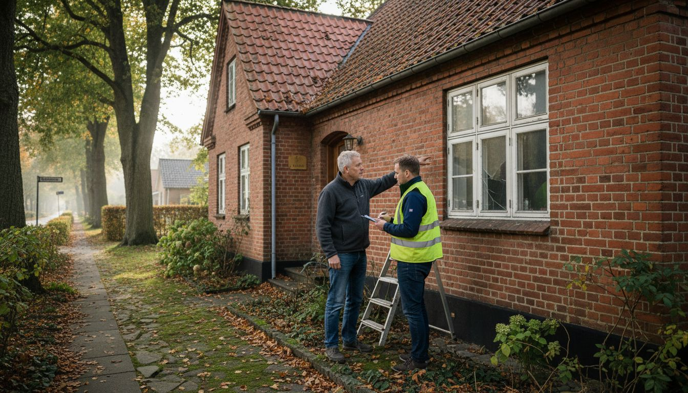 Boligejeren tager en snak med håndværkeren om at få lavet facaden på huset.