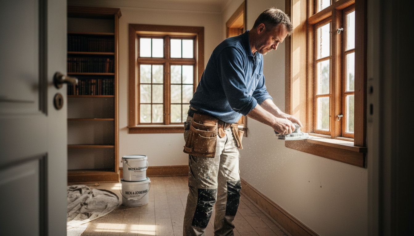 En snedker er i gang med at renovere vinduet i en klassisk dansk villa.