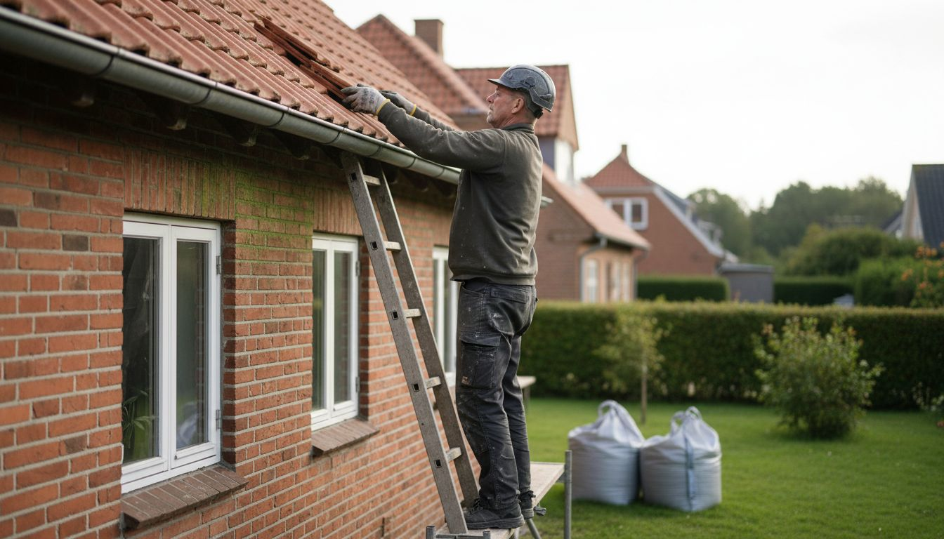 En tømrer er i gang med at lægge nyt tag på en villa i Nordsjælland.