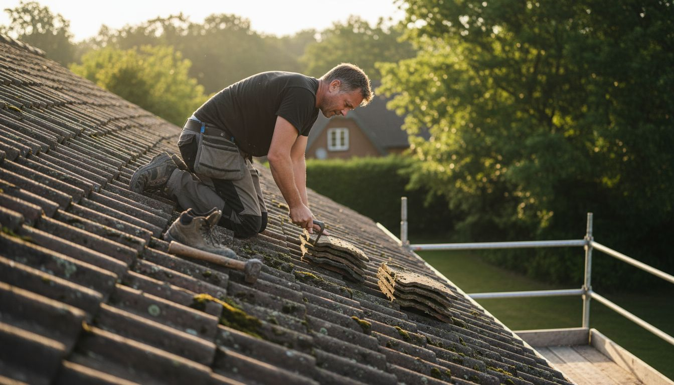 En tømrer er i gang med at lægge nyt tag på en villa.