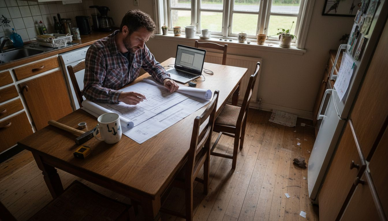 En håndværker lægger planer for en køkkenrenovering