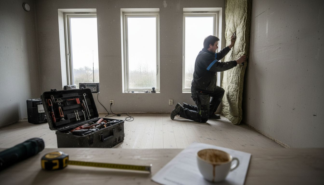 Fagfolk er i gang med at brandsikre et nyrenoveret rækkehus.