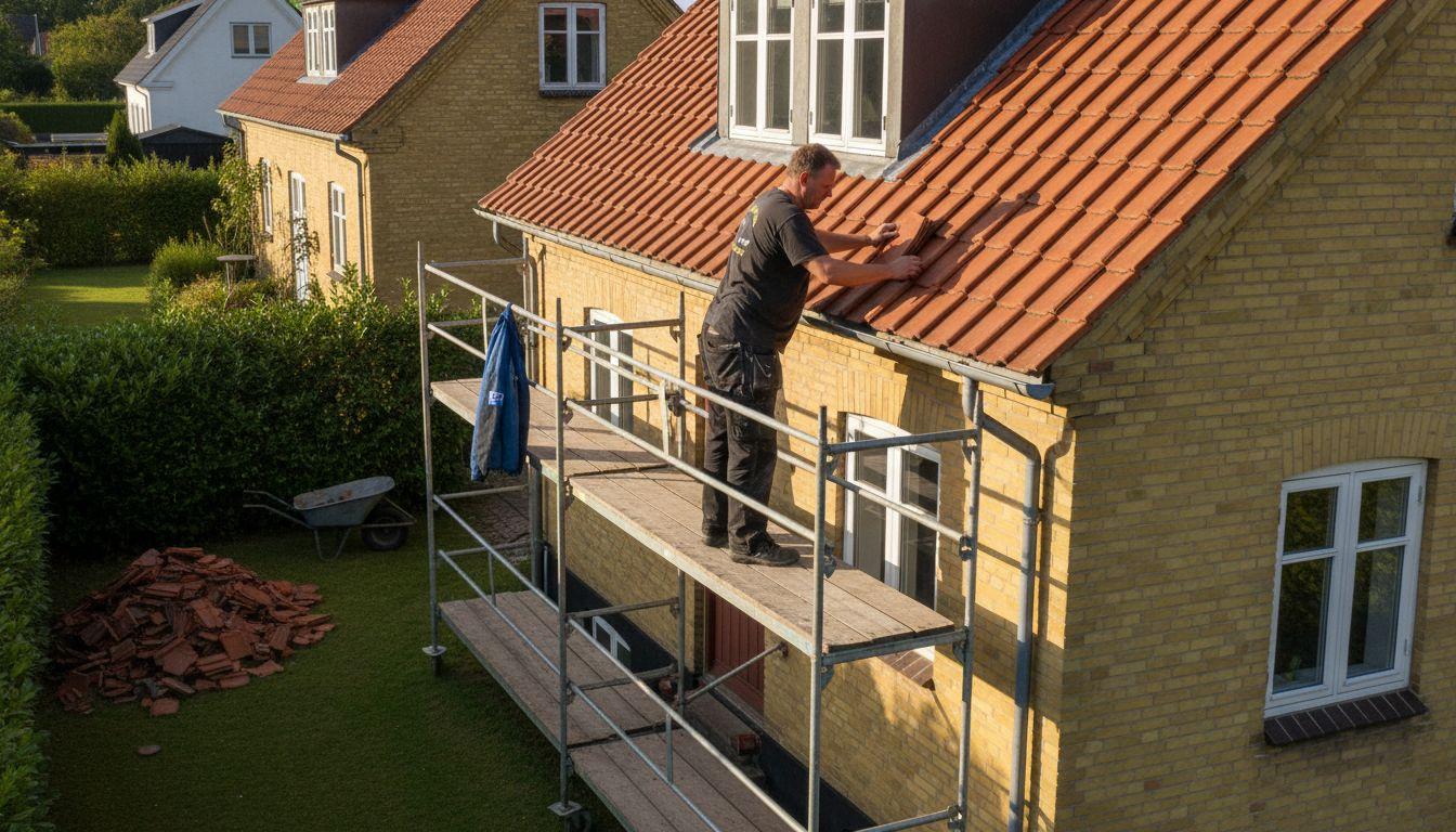 Tømrer i gang med at lægge nye tagsten på villa i Nordsjælland