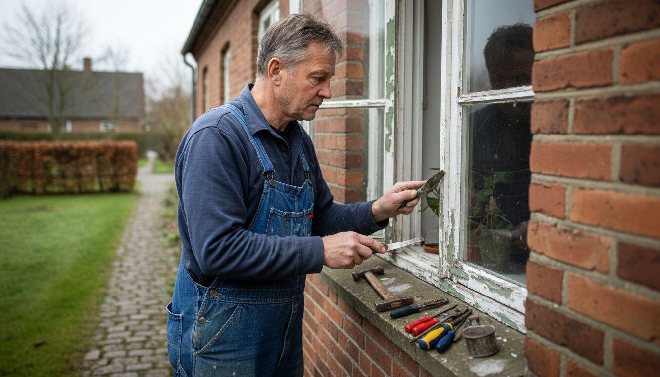 En mand pudser vinduerne i en ældre dansk villa